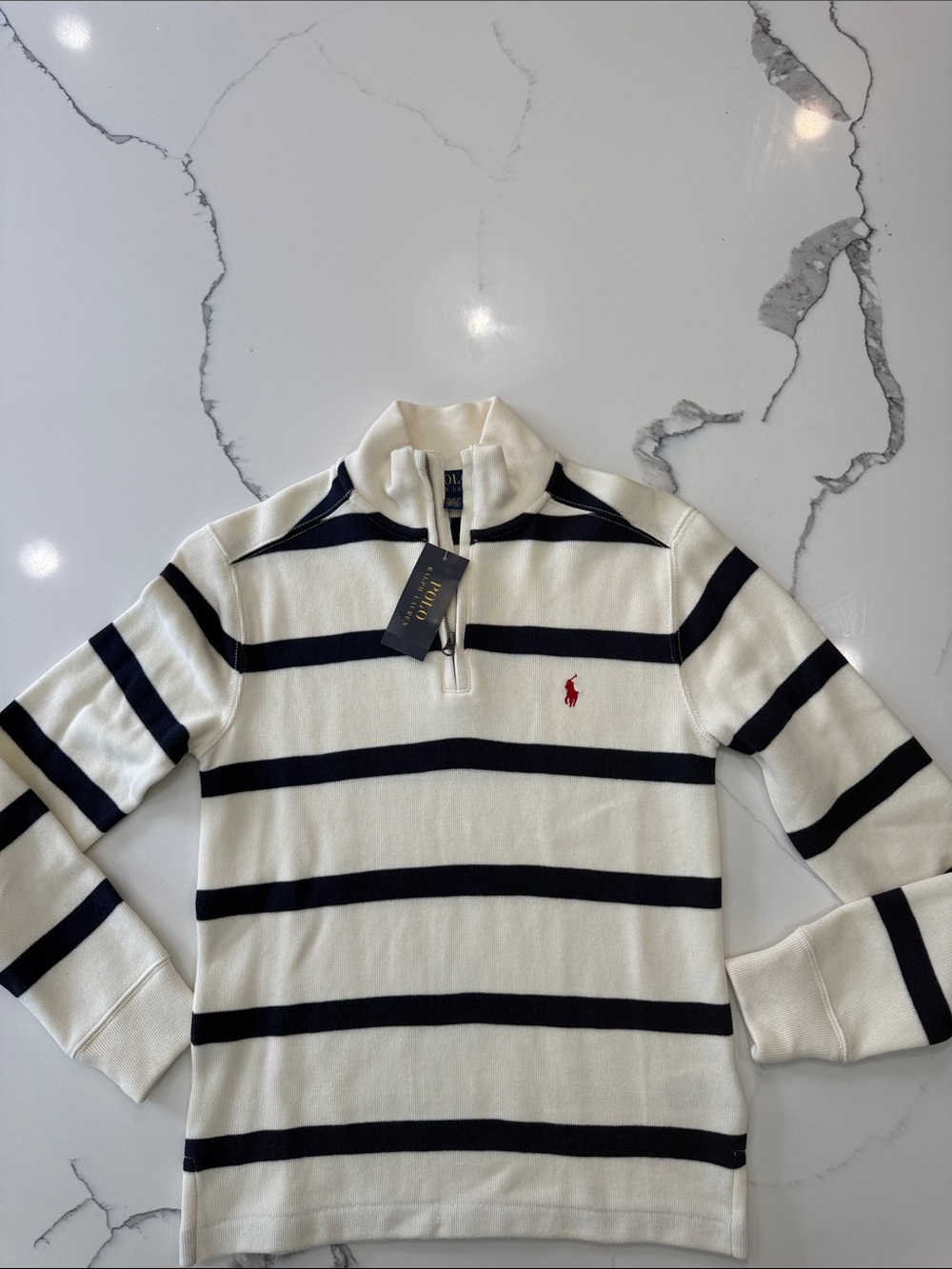 Ralph Lauren Men’s Cream & Navy Striped Zip-Up Sweater